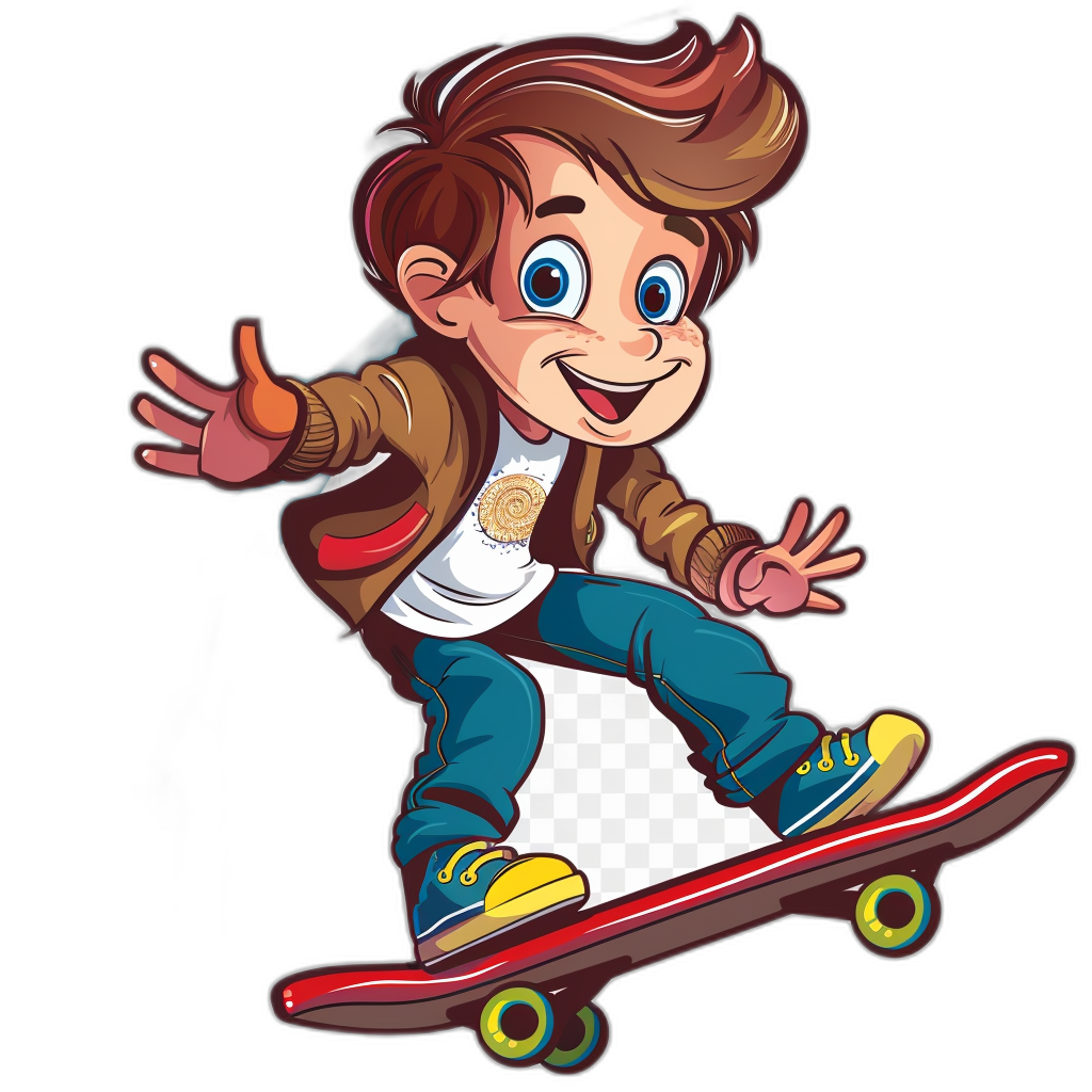 A cartoon style boy on a skateboard, clip art sticker design, isolated on a black background.