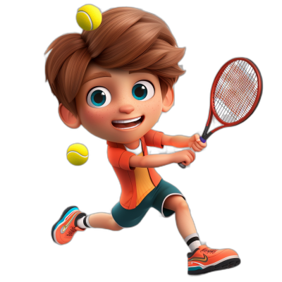 A cute boy playing tennis in the style of cartoon character design with a black background, wearing shorts and an orange shirt, brown hair and blue eyes, holding a racket in his right hand and hitting the ball, a happy expression, colorful , in the style of Pixar animation with bright colors, a full body portrait, high resolution, 3D rendering.