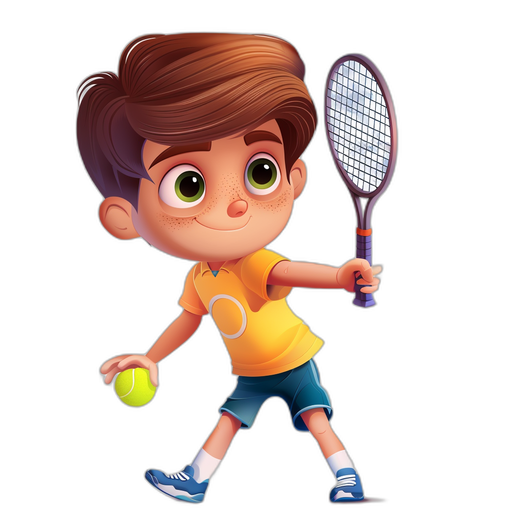 A cute boy playing tennis, with big eyes and short brown hair wearing a yellow t-shirt, blue shorts and white shoes holding a racket with a green ball in the style of a cartoon character design against a black background.