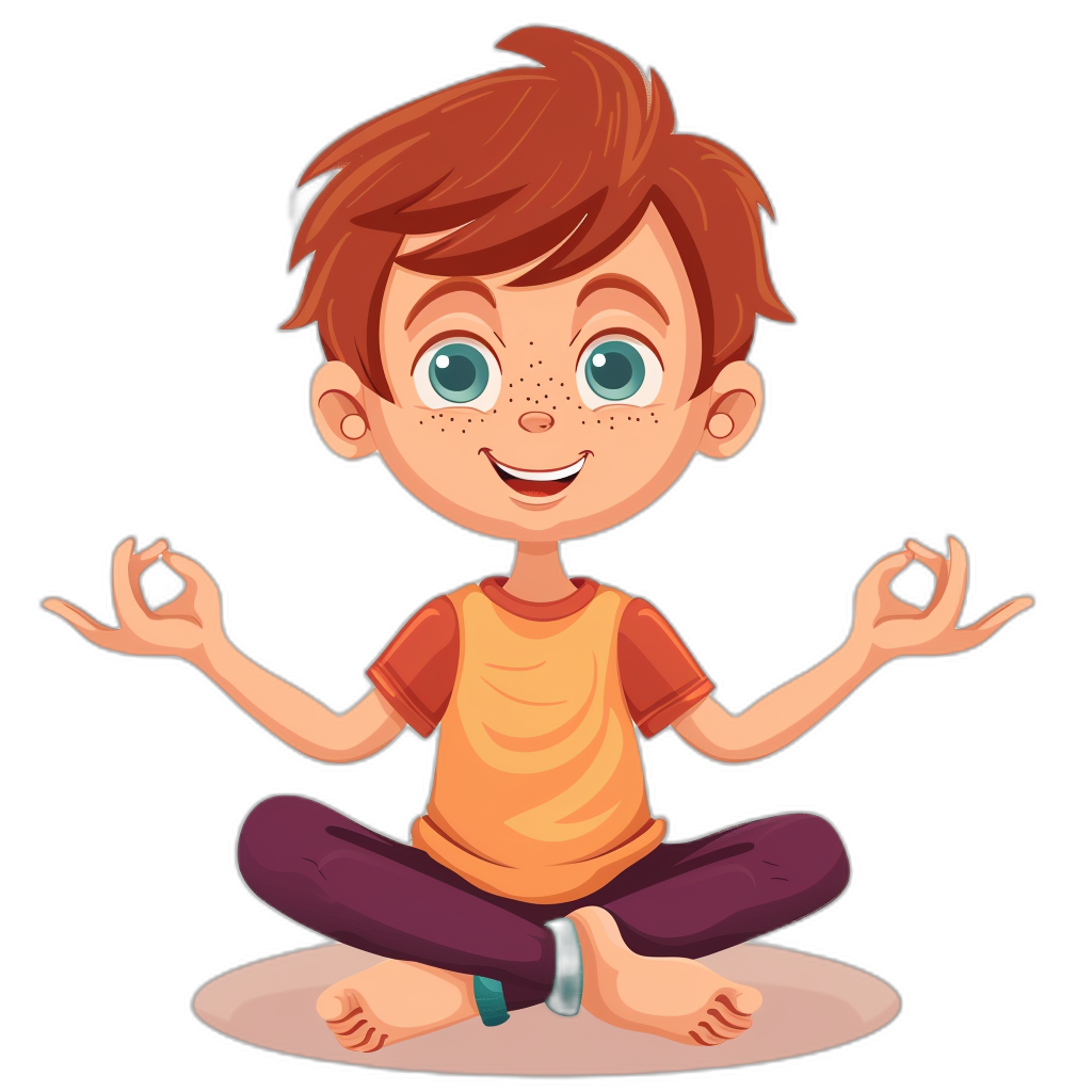 A cartoon boy doing yoga, vector illustration with a black background. The character is sitting in the lotus position and smiling. He has short brown hair and blue eyes. In his hands he holds an “O” sign. His  are an orange t-shirt and dark purple pants. It is very cute and happy.