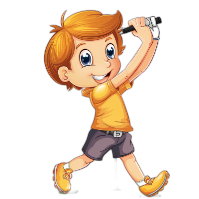 cartoon boy playing golf, yellow t-shirt and black shorts, vector art illustration style, clipart on a white background, isolated on a dark grey background, in the style of a cartoon character with an outline only in gray color, simple design, full body shot, 2d flat design, vector logo design, cute and adorable face of a young happy brown haired baby girl holding a microphone in hand and singing, cartoon child, clipart on a white background, isolated on a dark grey background, simple design, full body shot, 30 degree view, 2D