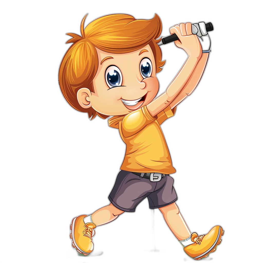 cartoon boy playing golf, yellow t-shirt and black shorts, vector art illustration style, clipart on a white background, isolated on a dark grey background, in the style of a cartoon character with an outline only in gray color, simple design, full body shot, 2d flat design, vector logo design, cute and adorable face of a young happy brown haired baby girl holding a microphone in hand and singing, cartoon child, clipart on a white background, isolated on a dark grey background, simple design, full body shot, 30 degree view, 2D