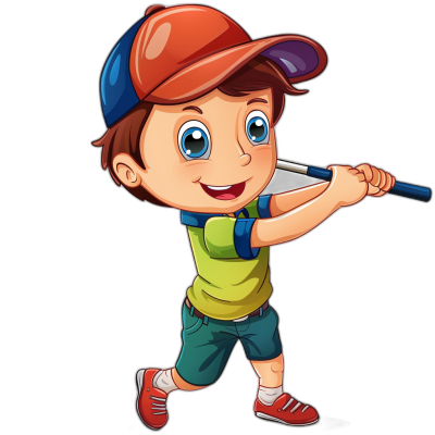 A cartoon boy playing baseball, wearing colorful  and a cap with blue eyes holding a bat in the style of vector illustration on a black background