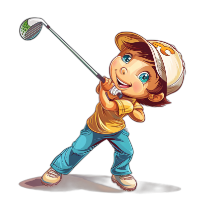 A cute cartoon boy playing golf in the style of clip art on a black background.