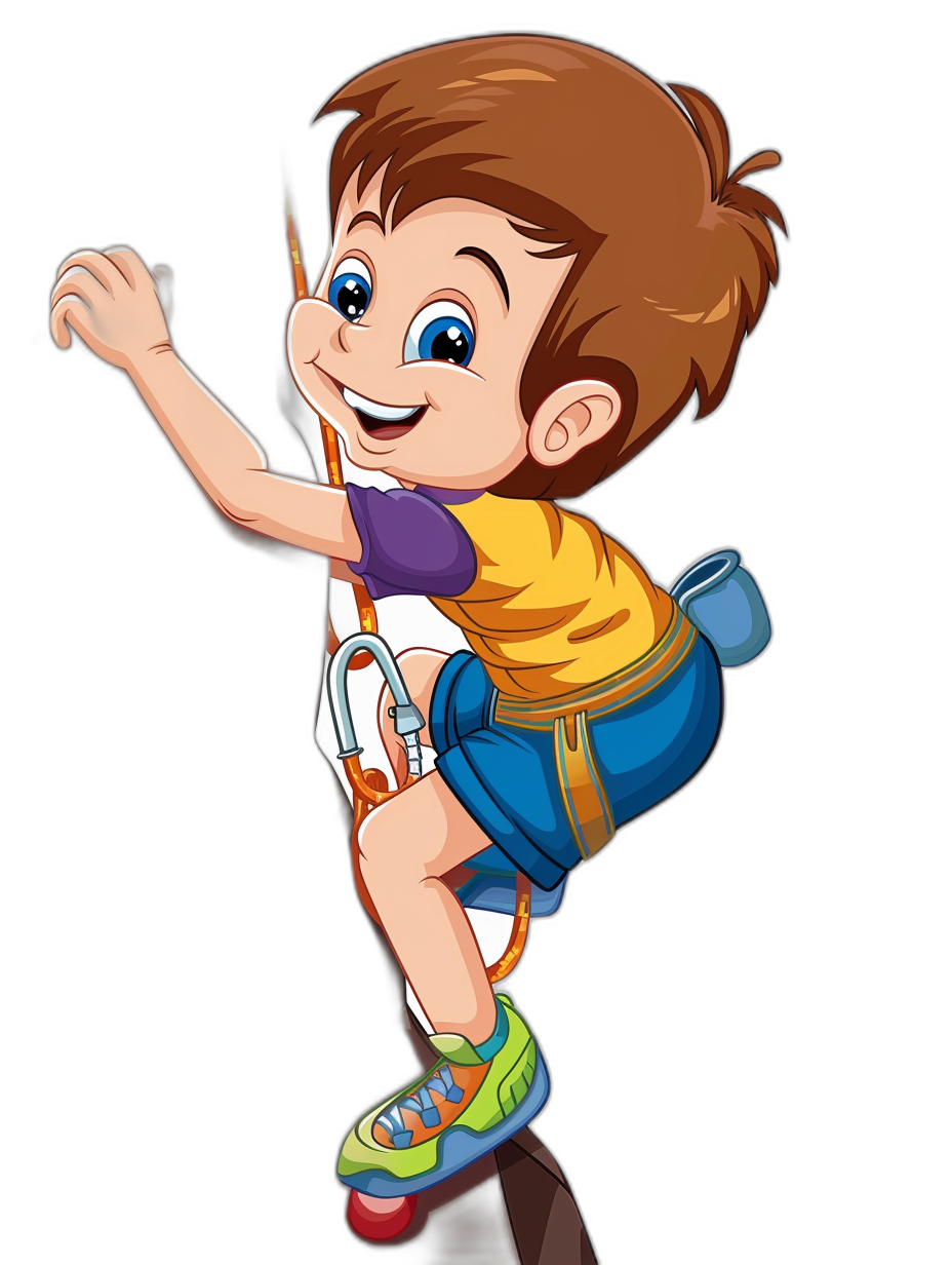 cartoon boy climbing on a rope, cartoon character design with short brown hair and blue eyes wearing colorful shorts and a white t-shirt, holding a backpack in one hand and hanging onto the ropes of bungee jumping for kids. The illustration is in the style of book illustration with a black background.