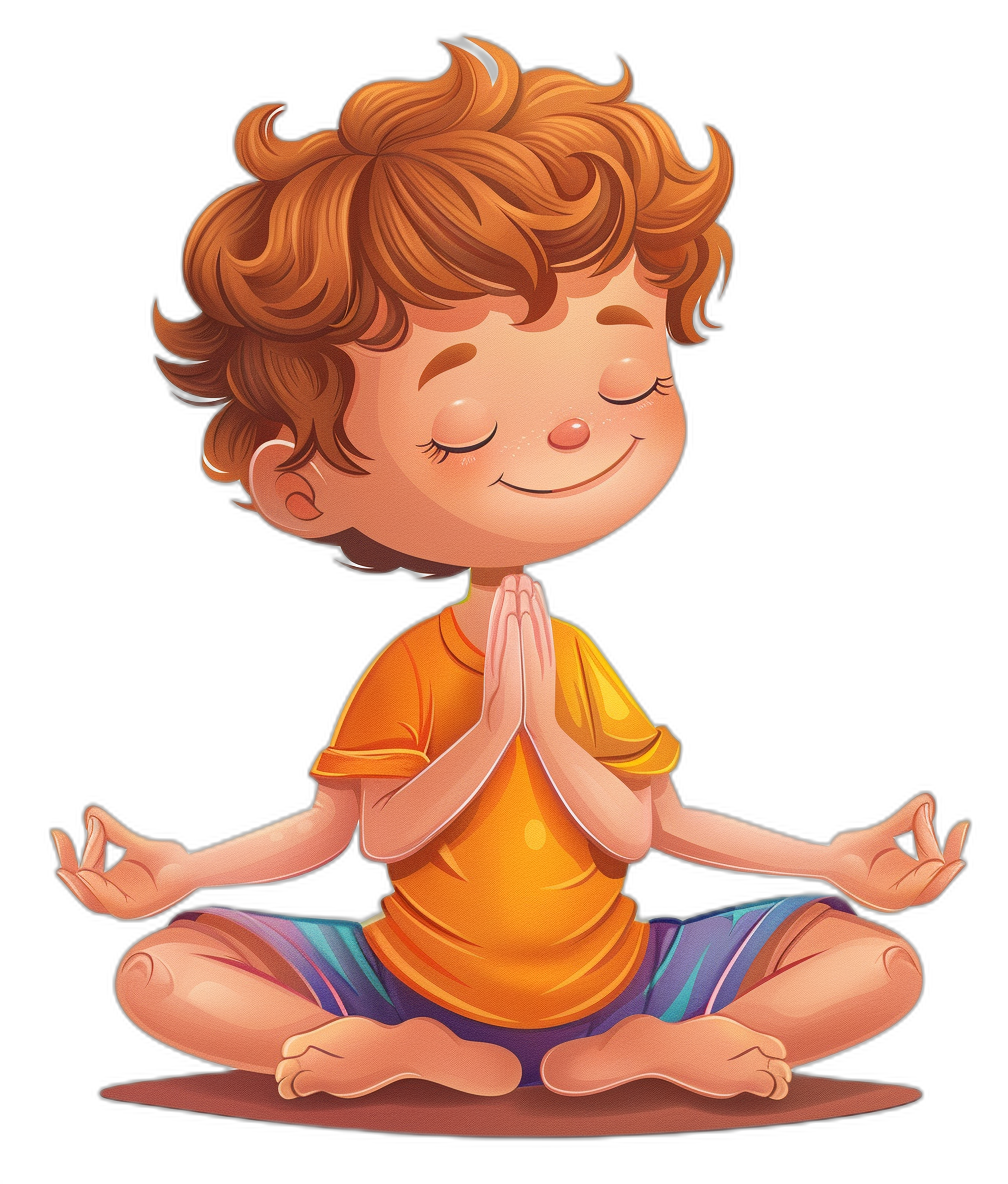 A cute little boy doing yoga in the style of a cartoon, with a simple illustration on a black background in a 2D flat design. He has a happy face expression with colorful , sitting in a lotus position and meditating with his hands folded together in a prayer pose, smiling with closed eyes. He has ginger hair color with short curly brown hairs and is wearing bright colorful . It is a vector art in high resolution with high detail.