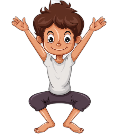 A cartoon of an excited boy doing yoga, vector art illustration in the style of clipart on a black background.