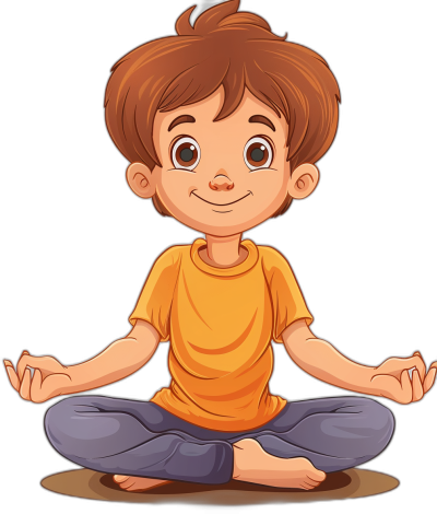 A cute cartoon boy doing yoga, vector illustration with black background. The little girl is wearing an orange t-shirt and gray pants. She has brown hair and big eyes that sparkle when she smiles. Her hands form the lotus position on her knees as if in meditation pose. This design would be suitable for children's products or educational materials related to physical activity or mental health. Vector Illustration by Vector Artistic Style, Isolated object isolated on white background,