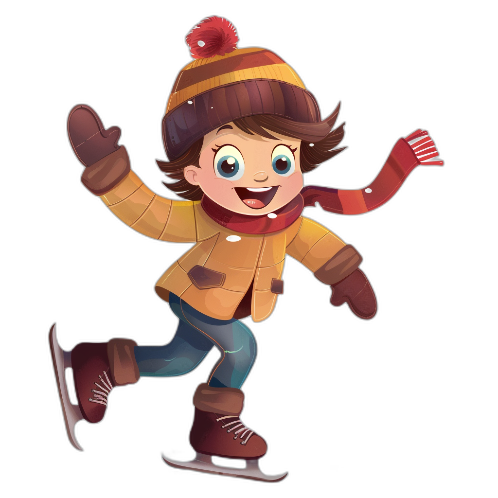 A cute cartoon of an ice skating boy with brown hair in the style of clip art, with a playful expression, colorful animation stills in warm colors, animated gifs.