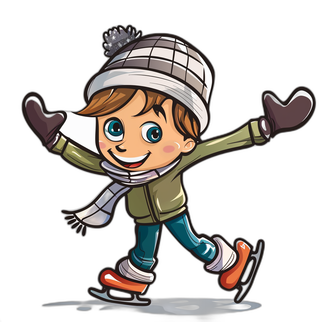 A cute cartoon of a happy boy ice skating in the style of clip art with a black background.