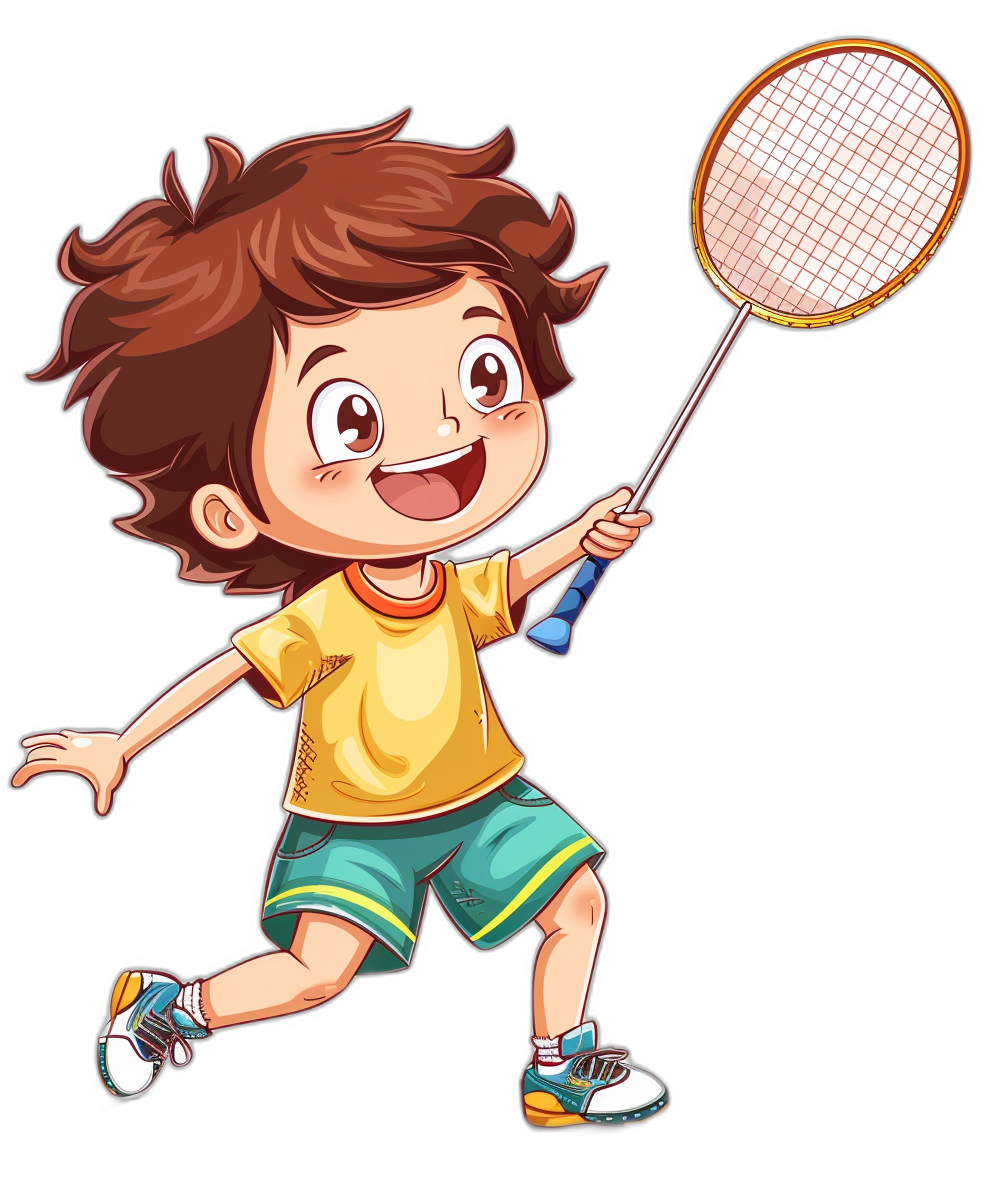 A cute happy little boy playing badminton in the style of clip art with a black background.