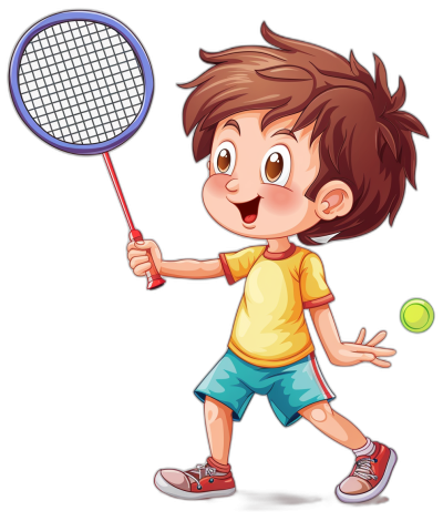 A boy playing badminton in the style of clip art with a black background.