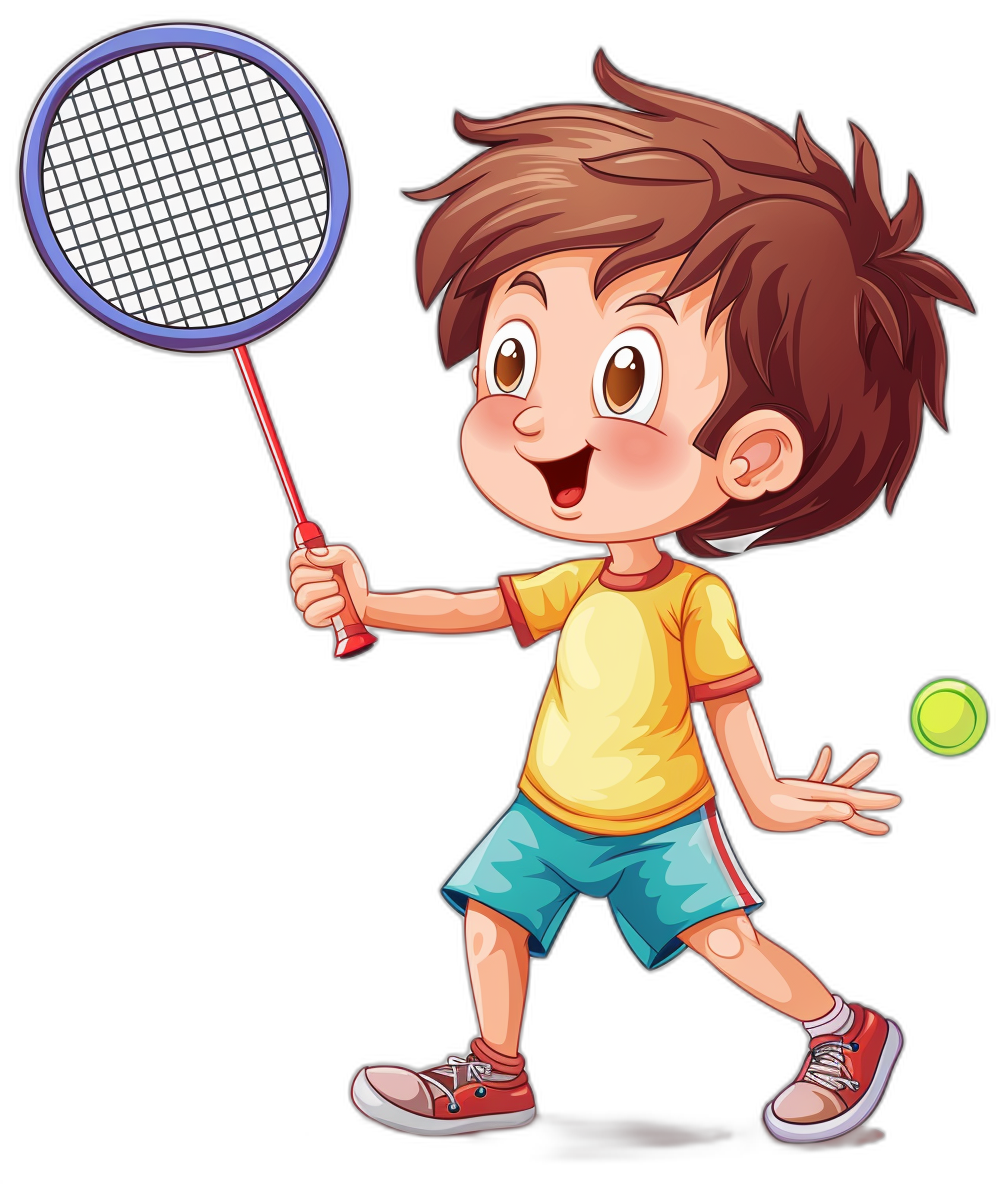 A boy playing badminton in the style of clip art with a black background.