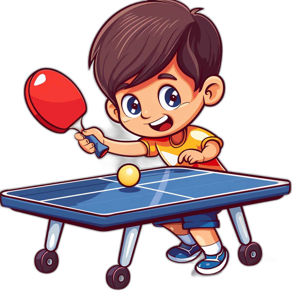 A cartoon boy playing table tennis, holding the racket in his hand and hitting the ball on top of blue college style dining tables with a black background. The vector illustration is a logo sticker depicting a cartoon boy with cute big eyes in the style of an anime character collection.