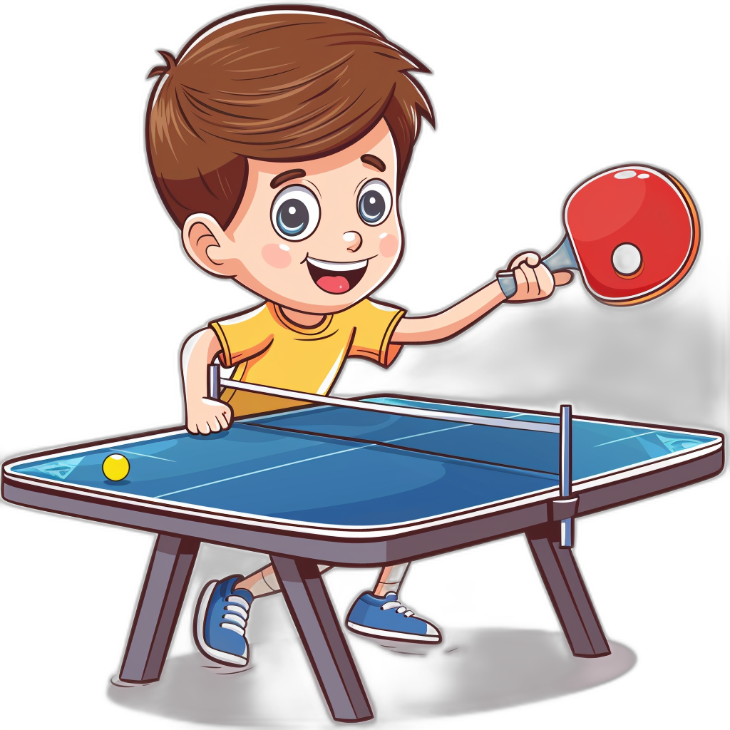 cartoon kid playing table tennis, vector style illustration on black background, cartoon child with brown hair and blue eyes wearing yellow t-shirt play holding red tablet racket hitting white ball across the net to other player cartoon boy character design cartoon child boy in sport outfit wear shoes stand near purple table tennis table hold pink Pala onto table game play competition