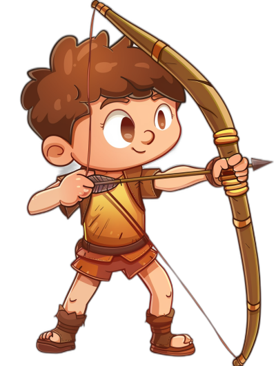 A cute cartoon illustration of a little boy with brown hair and white skin, wearing short , shooting arrows with his bow in the style of ancient Greek, black background, game character design, 2D art, cartoon.