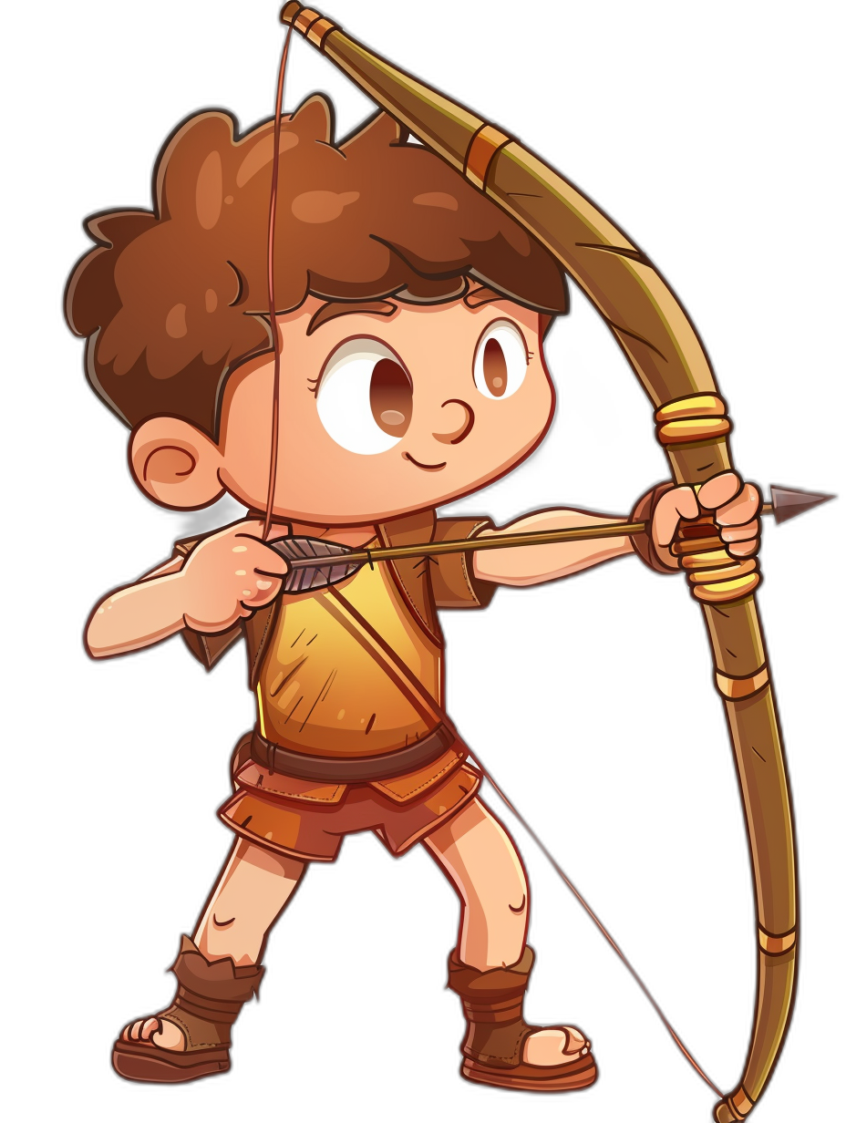 A cute cartoon illustration of a little boy with brown hair and white skin, wearing short , shooting arrows with his bow in the style of ancient Greek, black background, game character design, 2D art, cartoon.