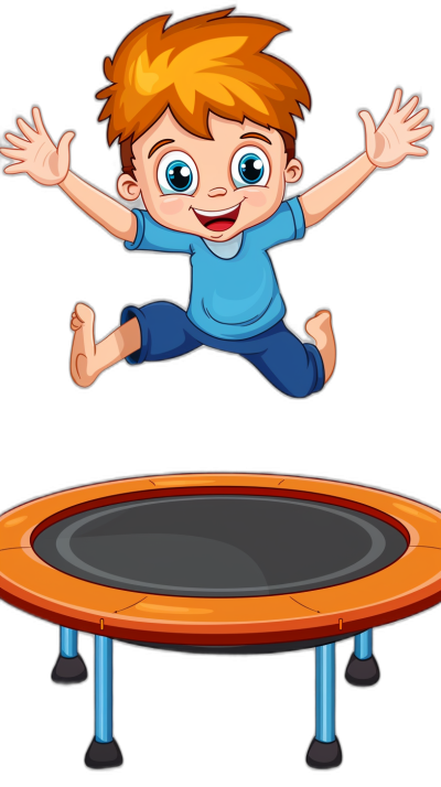 A cartoon boy is jumping on the trampoline against a black background with a flat illustration style using simple lines and vector graphics with simple details at a high resolution and bright colors. The little girl has big eyes and brown hair, wearing a blue short-sleeved shirt and dark pants with a happy expression on her face. She is drawn in the style of .