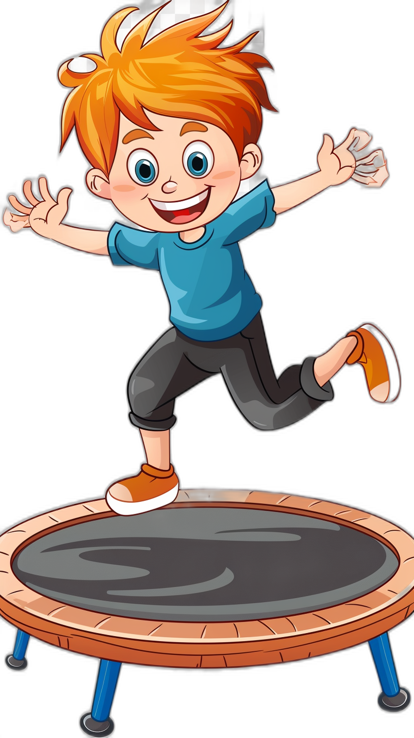 A cartoon of an orange haired boy jumping on a trampoline. He is wearing a blue shirt, black pants and white shoes. The style is similar to clip art, isolated in a pure black background.