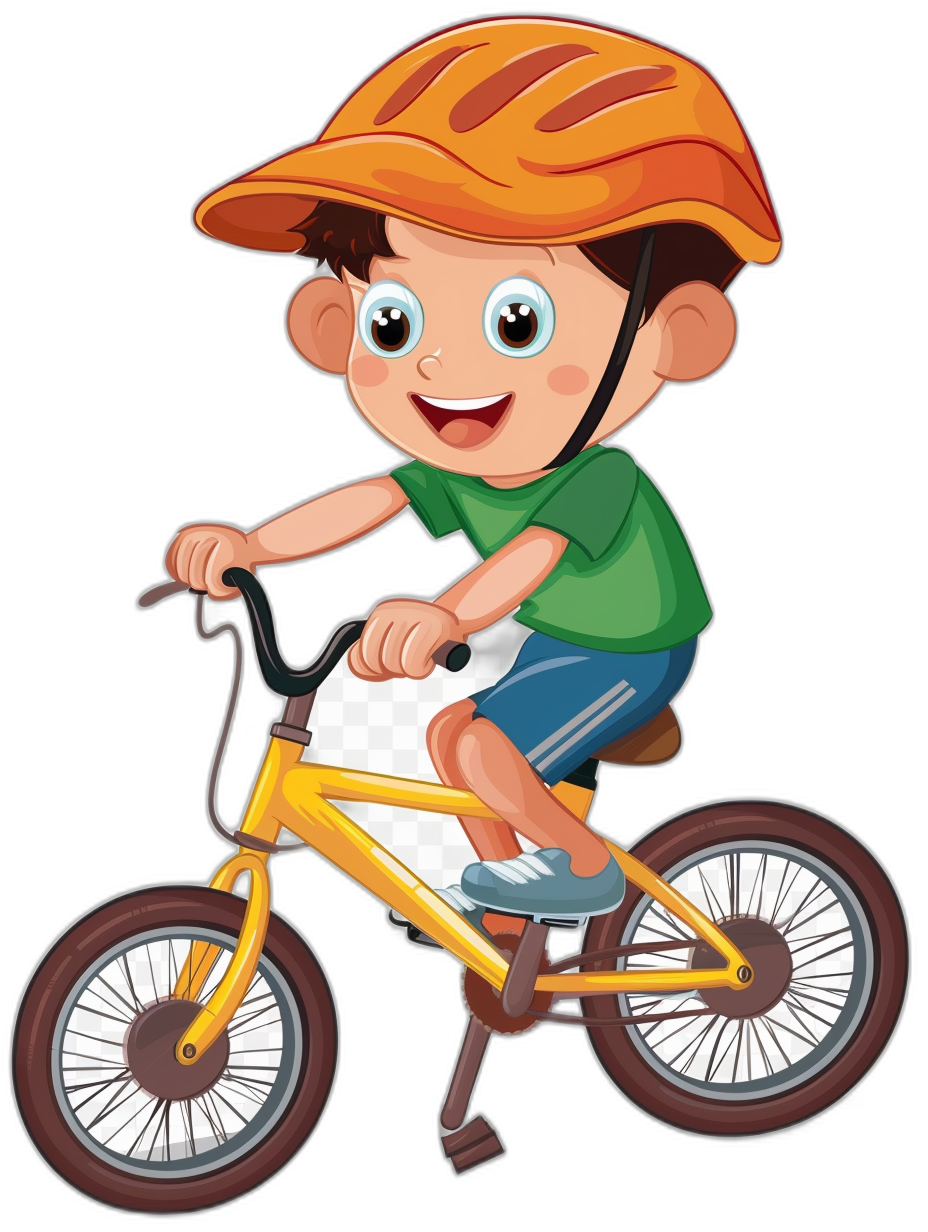 A cute cartoon boy is riding his bike, wearing an orange helmet and a green t-shirt with blue shorts. The bicycle has brown wheels on a black background. The illustration is in the style of a vector illustration on a white isolated background.