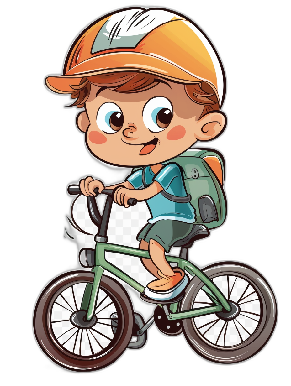 A cute cartoon boy riding on his bike, wearing an orange and white cap with green accents, holding onto the handlebar of the bicycle while smiling at something behind him. He is dressed in blue shorts and brown shoes, and has short hair. The background color should be transparent to make it easy for sticker creation. The illustration is in the style of a vector illustration isolated on a black background.