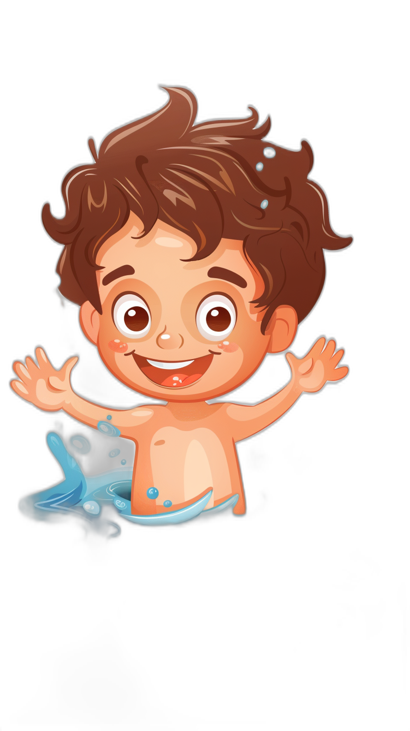Cute cartoon baby with brown hair and blue skin, smiling, floating in the air, wearing swim trunks on a black background, in the style of cartoon.