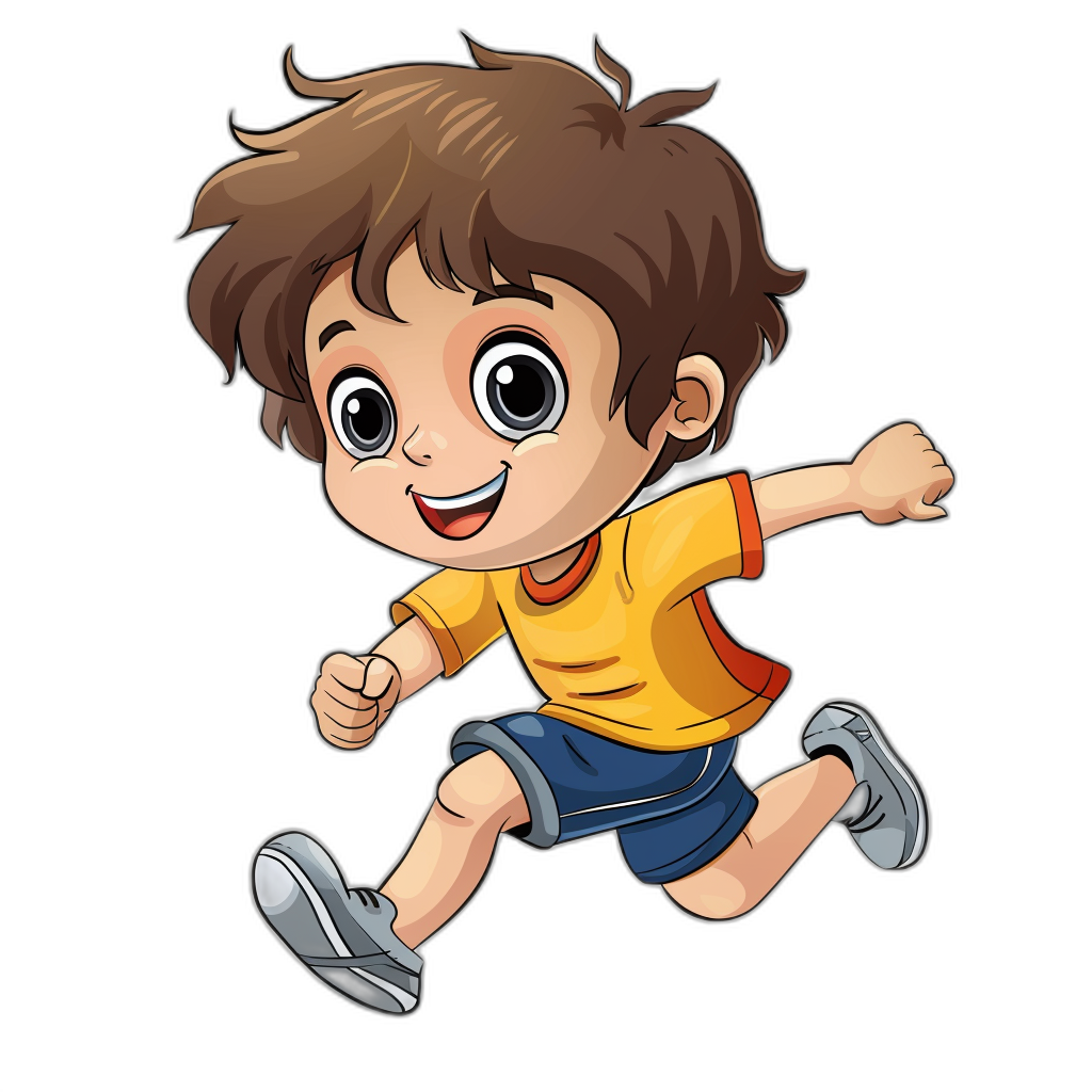 a cute cartoon boy running, clip art style, isolated on black background