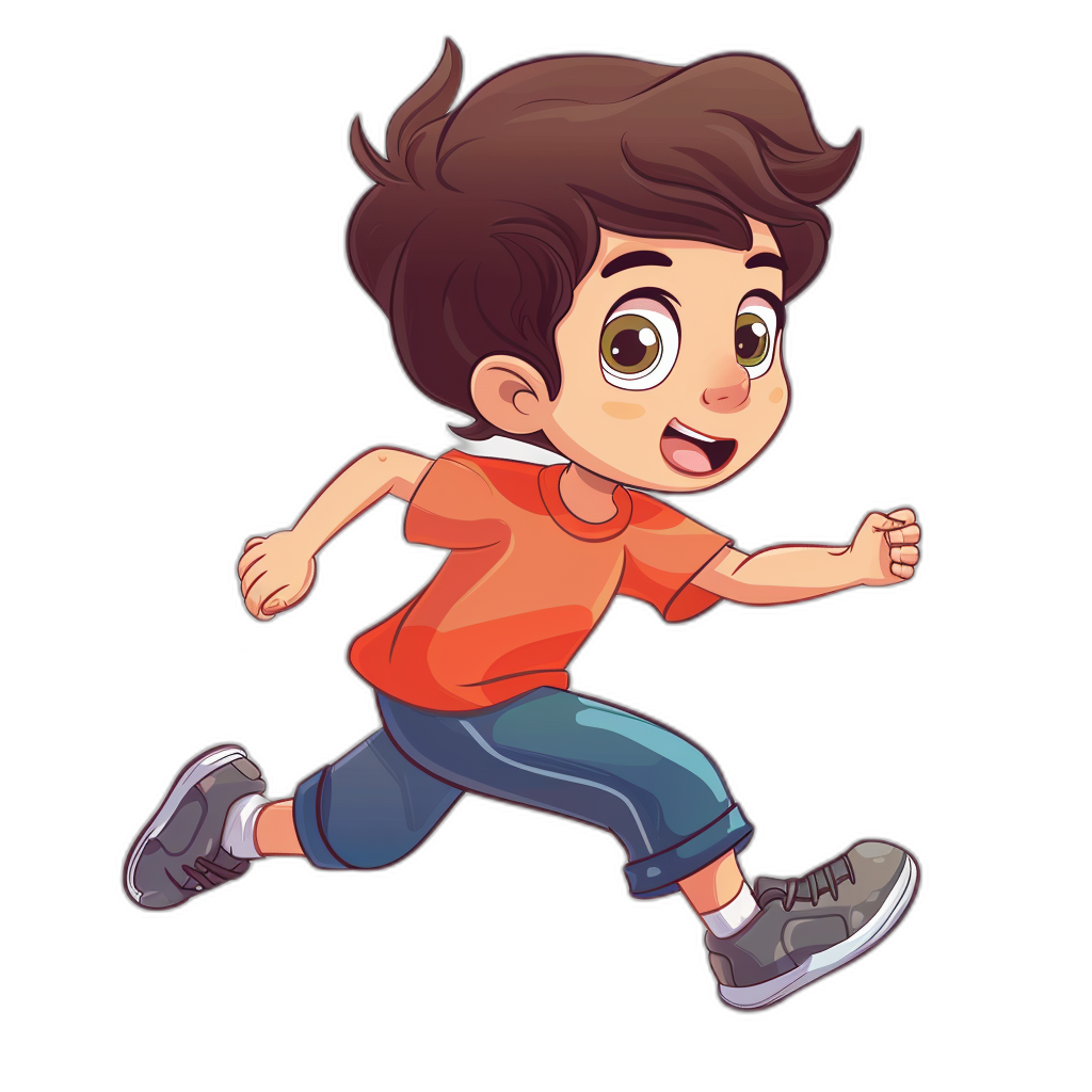 A cute cartoon boy is running in a full body shot. The vector illustration is in the style of with a black background. The character has brown hair and is wearing an orange shirt and blue pants. He wears gray shoes on his feet and smiles while he runs happily. His eyes sparkle as if it is very hot outside.