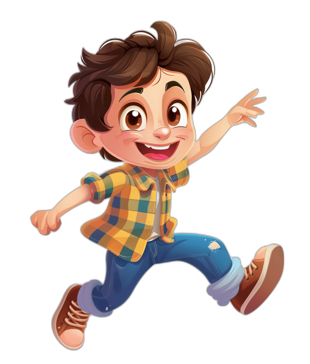 Illustration of a young boy with brown hair, dressed in jeans and a plaid shirt jumping on a black background, in the style of cartoon, in the style of Disney Pixar animation, with a cute face, smiling, brown shoes, brown eyes, high quality.