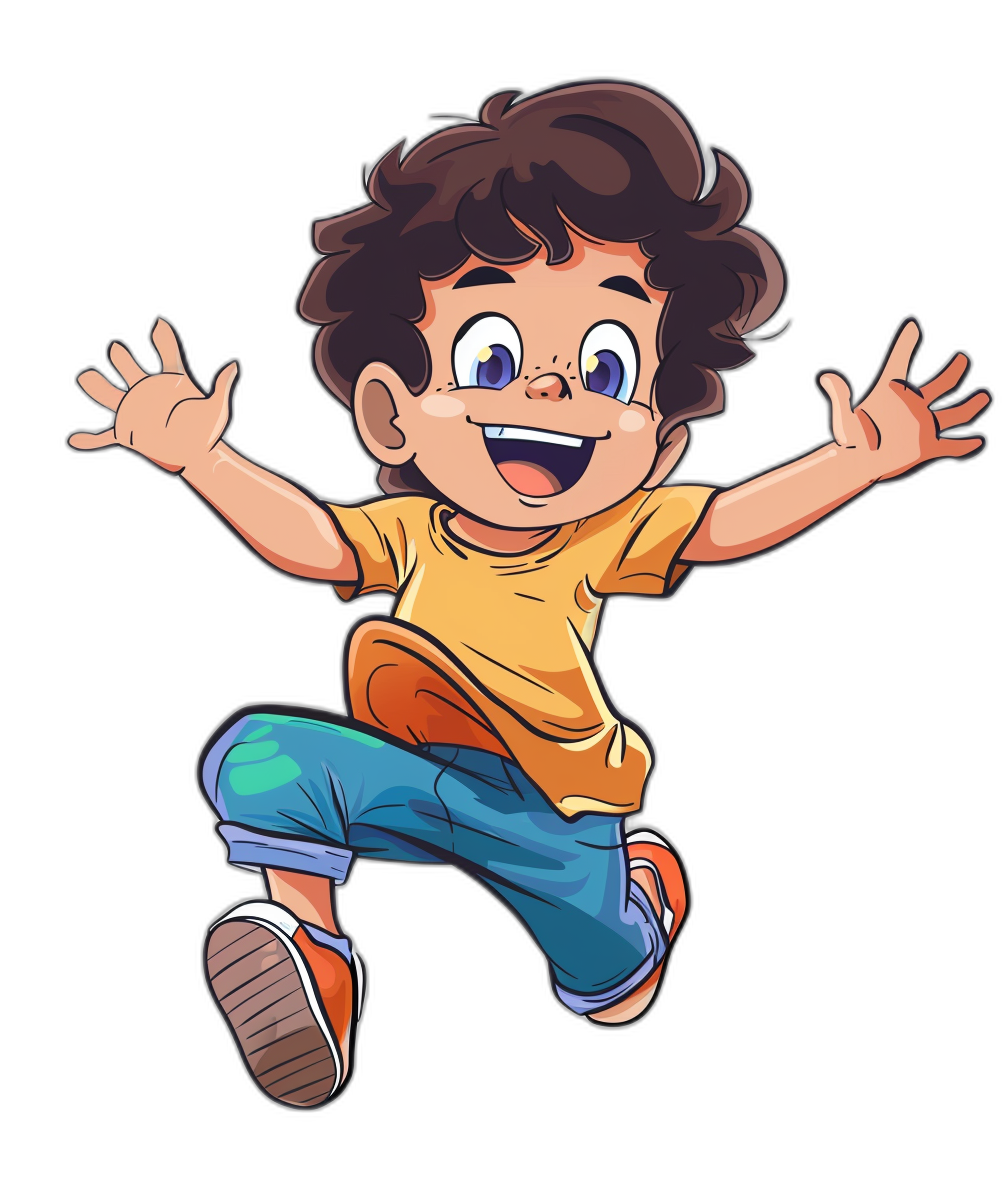 A cute little boy with curly hair, smiling and jumping up in joy in the style of cartoon on black background.