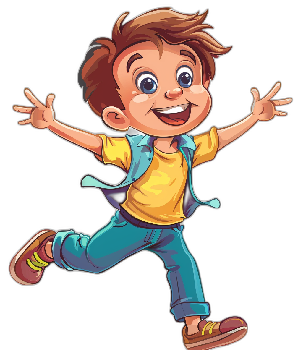 a cartoon illustration of happy school boy with brown hair, blue eyes and yellow t shirt in casual  jumping on black background, clip art style