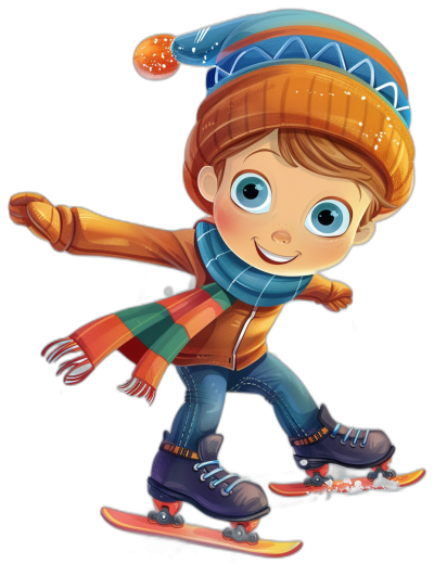 A cute cartoon boy is ice skating, wearing colorful  and gloves with black background. He has blue eyes, short brown hair, an orange hat on his head, dressed in jeans and snow boots. The illustration style should be bright and vibrant, suitable for children's books or animated film designs.