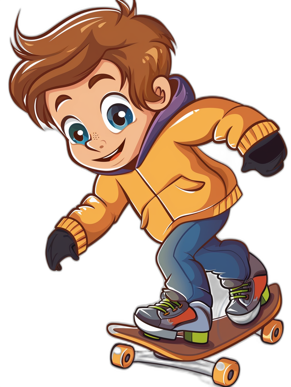 A cartoon boy with brown hair is riding on his skateboard. This vector illustration is colorful, cute and adorable against a black background. It shows the boy’s full body, wearing an orange jacket, blue jeans and white sneakers. He has big eyes and a smiling face, with low detail. The style is reminiscent of cartoons.