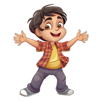 A cute cartoon character of an Indian boy with brown hair, wearing jeans and a shirt, smiling while standing on his feet in the air doing funny dance moves in the style of clip art, isolated on a black background, professional t-shirt design vector illustration, high resolution.