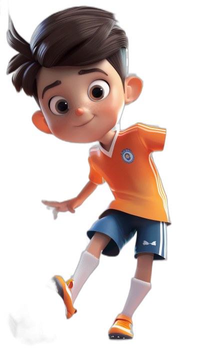 A cute little boy in an orange soccer jersey and blue shorts with white socks, his hair is brown, he has big eyes, the background of the photo should be black, the character must wear shoes on his feet and make him dance in a side view, the style will be in the style of Pixar cartoon, the guy stands sideways, Pixar Disney Style 3D Character illustration