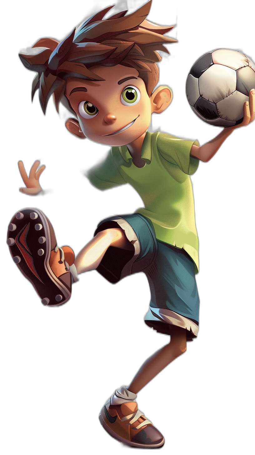 Illustration of a cartoon boy playing soccer, with a character design in the style of Pixar animation. He wears a green and brown shirt with blue shorts, set against a black background in a cartoon style. The boy has brown hair with white highlights, big eyes, and is smiling as he kicks the ball with his foot. It is a 2D game art illustration in high resolution, high detail, high quality, and high definition with high sharpness, high clarity, and high color contrast. The full body shot shows the boy.