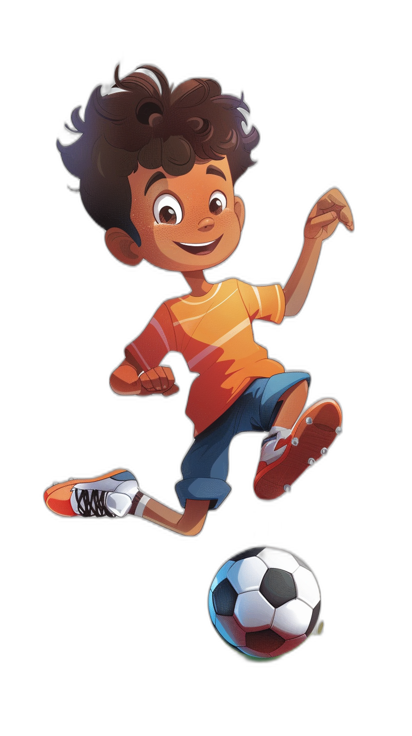 Cartoon illustrative style, cartoon character of an Indian boy playing football with a ball on a black background, jumping and kicking the soccer in the air. The young Indian kid is wearing an orange t-shirt, blue shorts and red shoes. His hair should be curly and dark brown color. He has big eyes and a happy face expression. Cartoon illustration on a black isolated background.