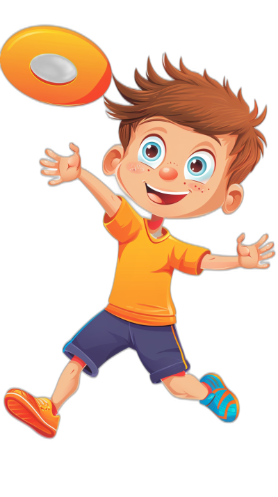 A cartoon boy is playing frisbee in a vector illustration style with a black background, colorful  and bright colors, as a full body portrait in a cartoon cute version of the character. The boy has short brown hair and blue eyes, wearing an orange T-shirt and dark purple shorts. He was jumping up to catch it in his hand, with a happy expression on his face. There is an open space behind him for text or other elements. The style is reminiscent of cartoon .