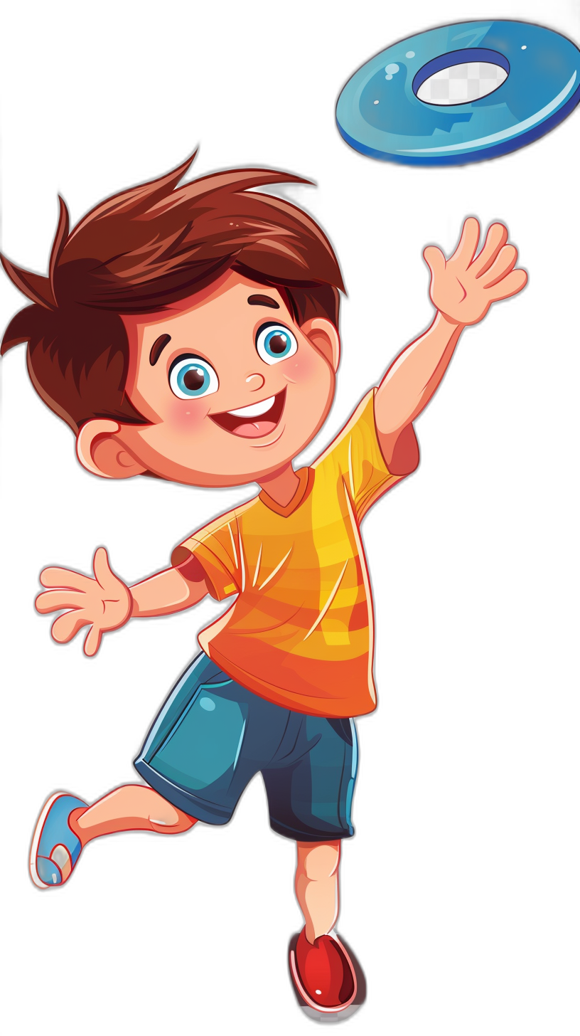 A cartoon boy is playing frisbee, vector illustration style with black background and bright colors. The little girl has short brown hair and wears an orange shirt, blue shorts, red shoes, reaching out to catch the flying disc. He smiles happily as he plays frisbee in his hand.,in