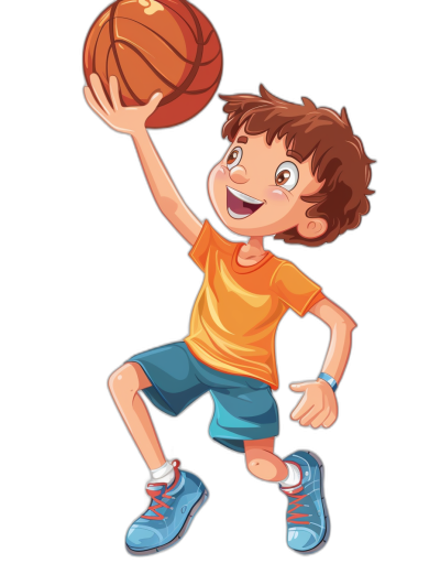 a happy young boy playing basketball, vector illustration cartoon style with black background, wearing blue shorts and orange t-shirt , his right hand is up in the air trying to catch an action shot of basket ball flying towards him , wearing white sneakers , he has brown hair , smiling