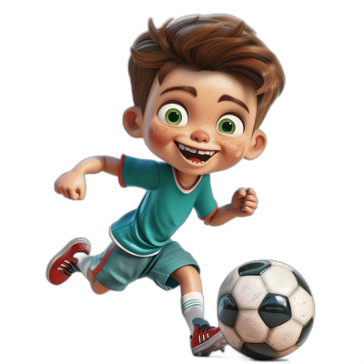 A cute little boy is playing football in the style of Pixar Disney. The cartoon style has a black background with character design suitable for game icons. The 3D rendering is cartoon style in 2d with high resolution and high detail. The image has sharp focus and bright colors. The boy has white shoes and green shorts with red details. He has brown hair, big eyes and a smiling face. He is kicking the ball on his foot while holding it in one hand.