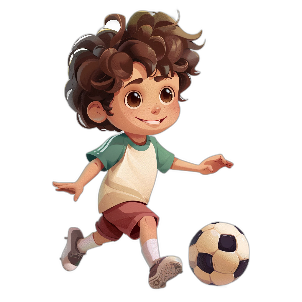 A cute cartoon boy with brown curly hair playing soccer, in the style of Disney character design on black background, character concept art for game,