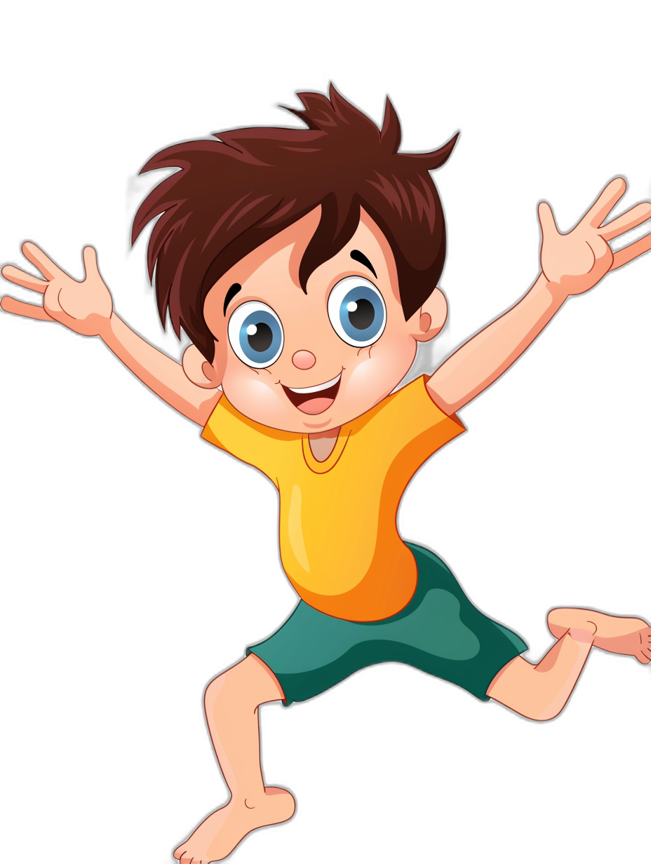 A cartoon boy is jumping up in a simple vector illustration of the upper body with a black background and a happy expression in the cute style. He is wearing colorful  with his hands spread out to make hand gestures. He has short hair and big eyes in a color theme suitable for kids.