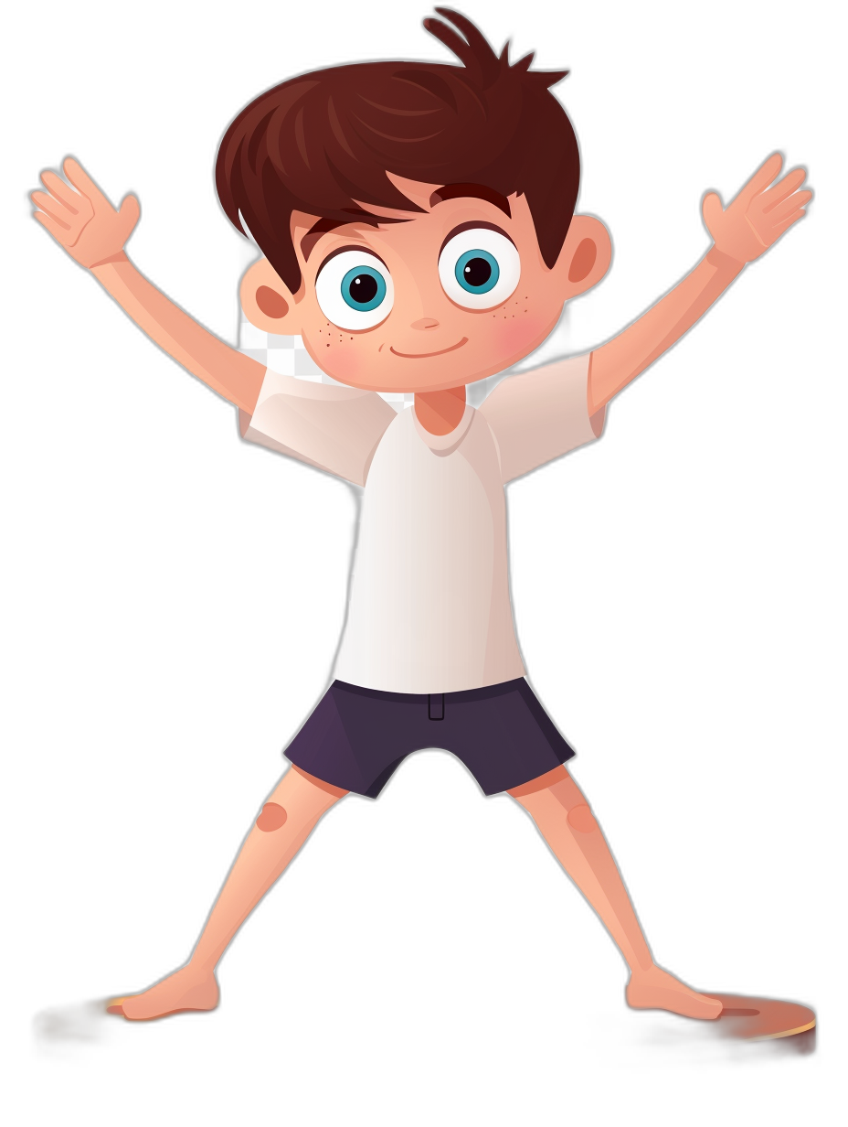 cartoon illustration of happy boy doing Tandicitha yoga pose, full body, black background, white t-shirt and dark blue shorts, big eyes, brown hair with short haircut, pixar style cartoon character