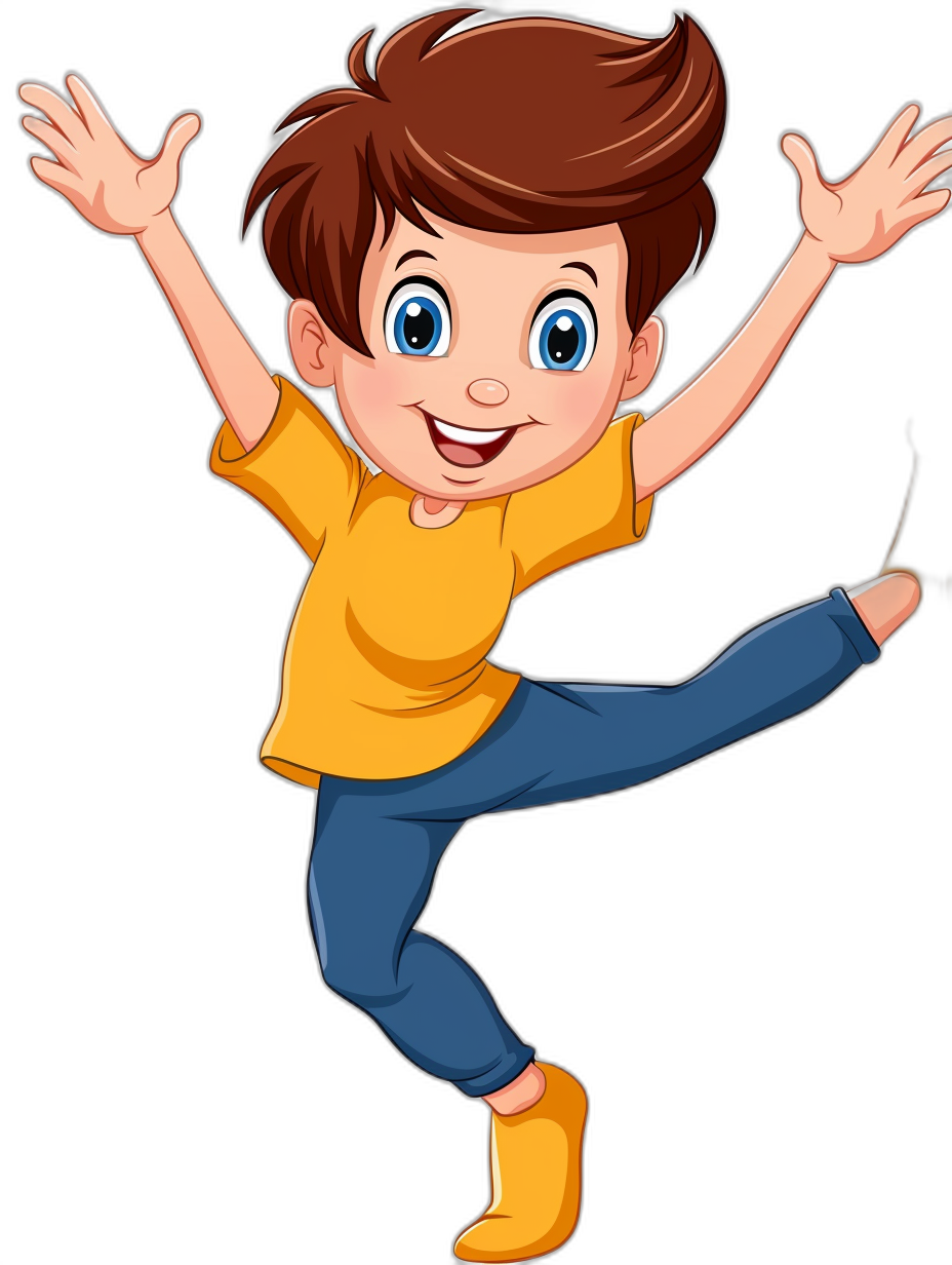 A young boy doing a dance in a vector illustration on a black background, in the cartoon style with big eyes and a smiling face wearing a yellow t-shirt and blue jeans in an air jumping pose.