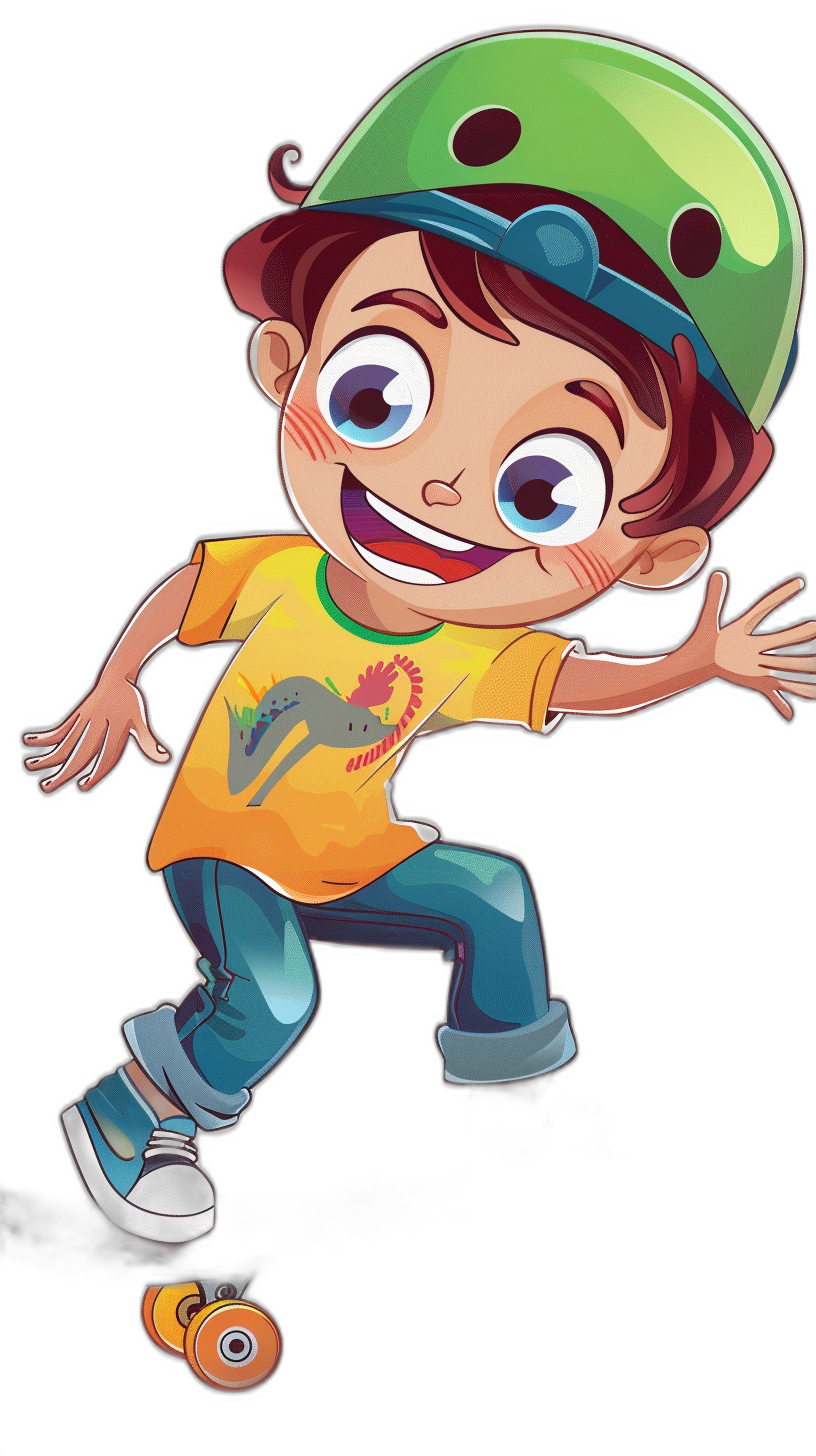 A cute cartoon boy with brown hair and blue eyes is skateboarding, wearing an orange shirt, green cap, jeans, colorful cartoon style, black background, full body shot, happy expression, high definition details