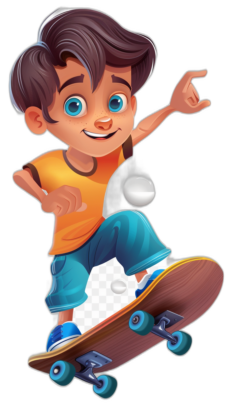 A cartoon boy with brown hair and blue eyes is doing skateboard tricks on a black background in the style of clip art. The design features isolated elements and is simple with a white transparent PNG background.