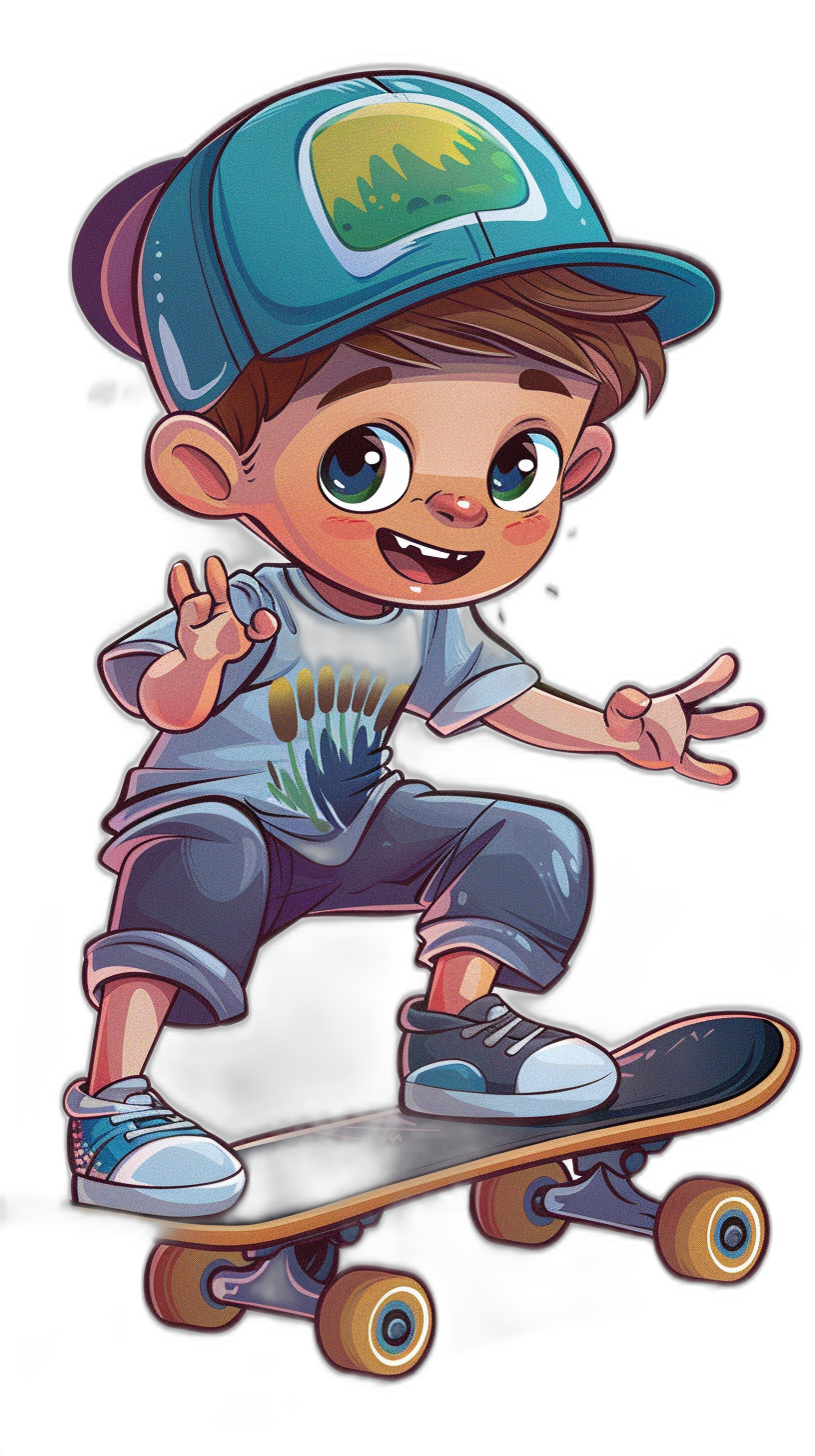 A cartoon character of an adorable boy wearing a blue baseball cap and cute shirt. He is skateboarding on a black background. He has big eyes with a soft white glow around the edges. His hair is brown and short, shaved in front. Wearing sneakers with bright colors and gray pants, he is doing cool skateboard moves in the style of vector art. It is high resolution, high definition, and high quality.