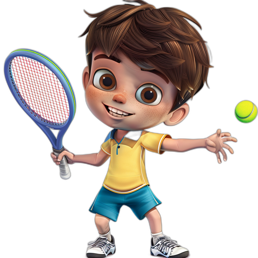 A cute boy playing tennis, with brown hair and big eyes wearing blue shorts, a yellow t-shirt, and white shoes, holding a racket in his hand preparing to hit the ball in the style of Pixar, on a black background.