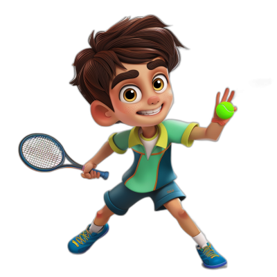 A cute boy playing tennis, with brown hair and wearing blue shorts, a green shirt, and yellow shoes in the style of Pixar Disney character design. He is holding the racket in his right hand and hitting an apple on it. The overall color scheme of bright colors creates vitality. In the style of anime, 2d game art style .